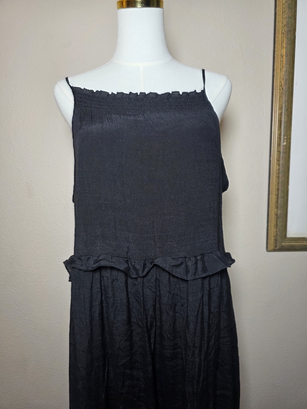 Studio B Bobeau L Black Swiss Dot Ruffle Tiered Maxi Dress Adjustable Straps